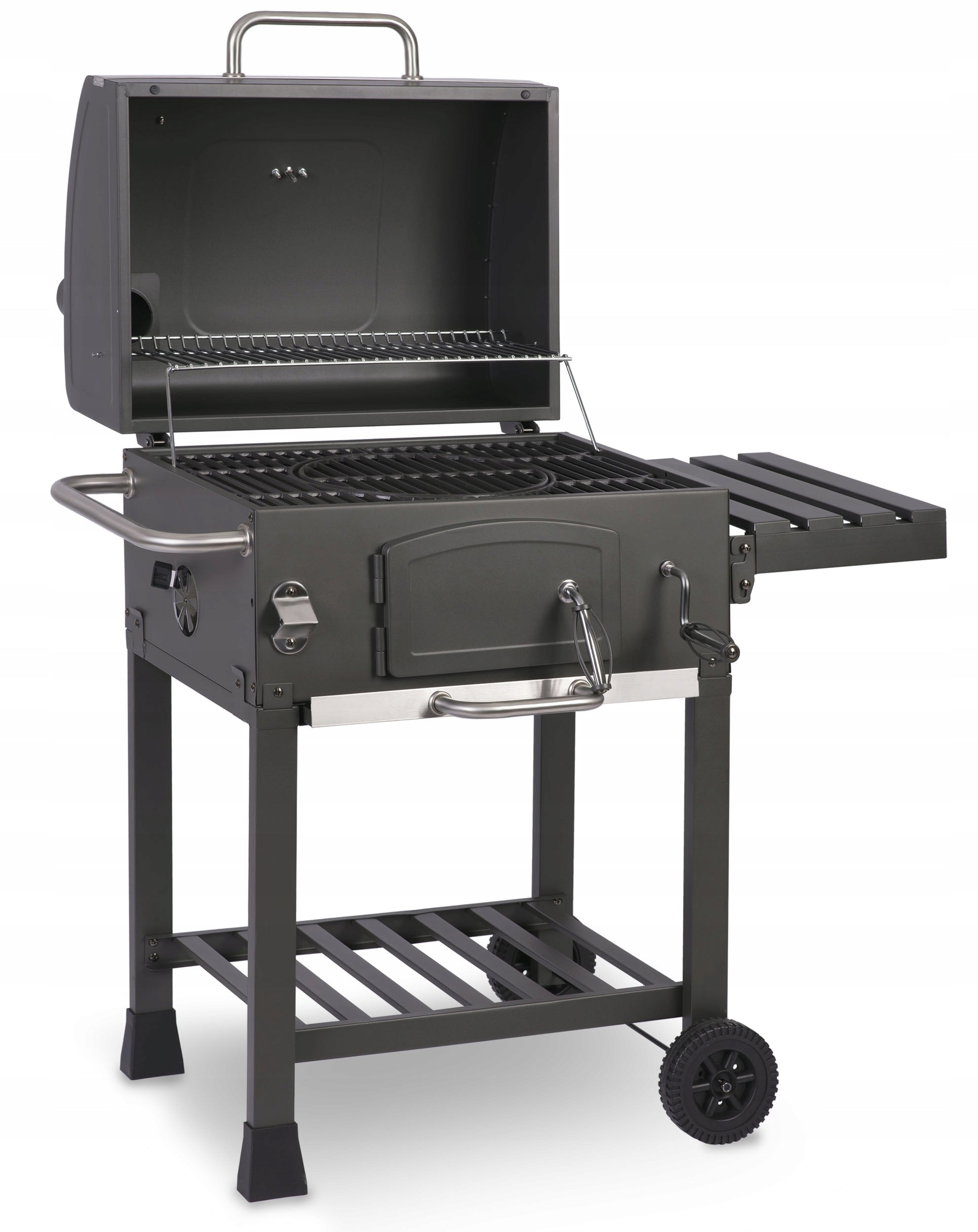 Duży grill węglowy żeliwny z regulacją rusztu i temperatury oraz termometrem