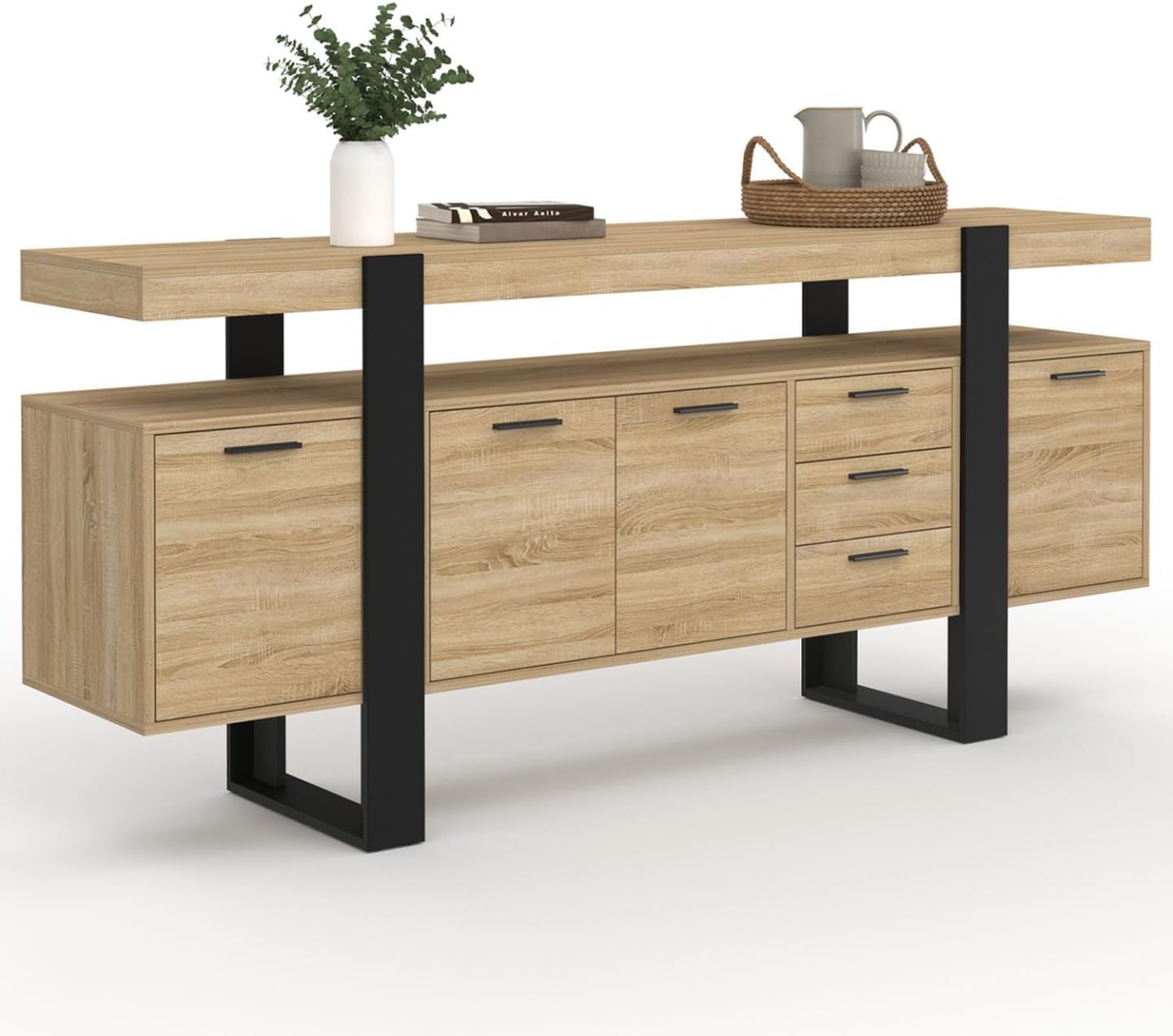 Buffet 180 cm Phoenix XXL en bois noir avec 4 portes 3 tiroirs et étagères de rangement