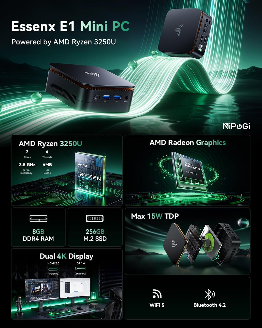 Mini PC Essenx E1 AMD Ryzen 3 3250U, 8Go DDR4 256Go SSD, Windows 11 Pro, WiFi5 Bluetooth, Double Affichage 4K