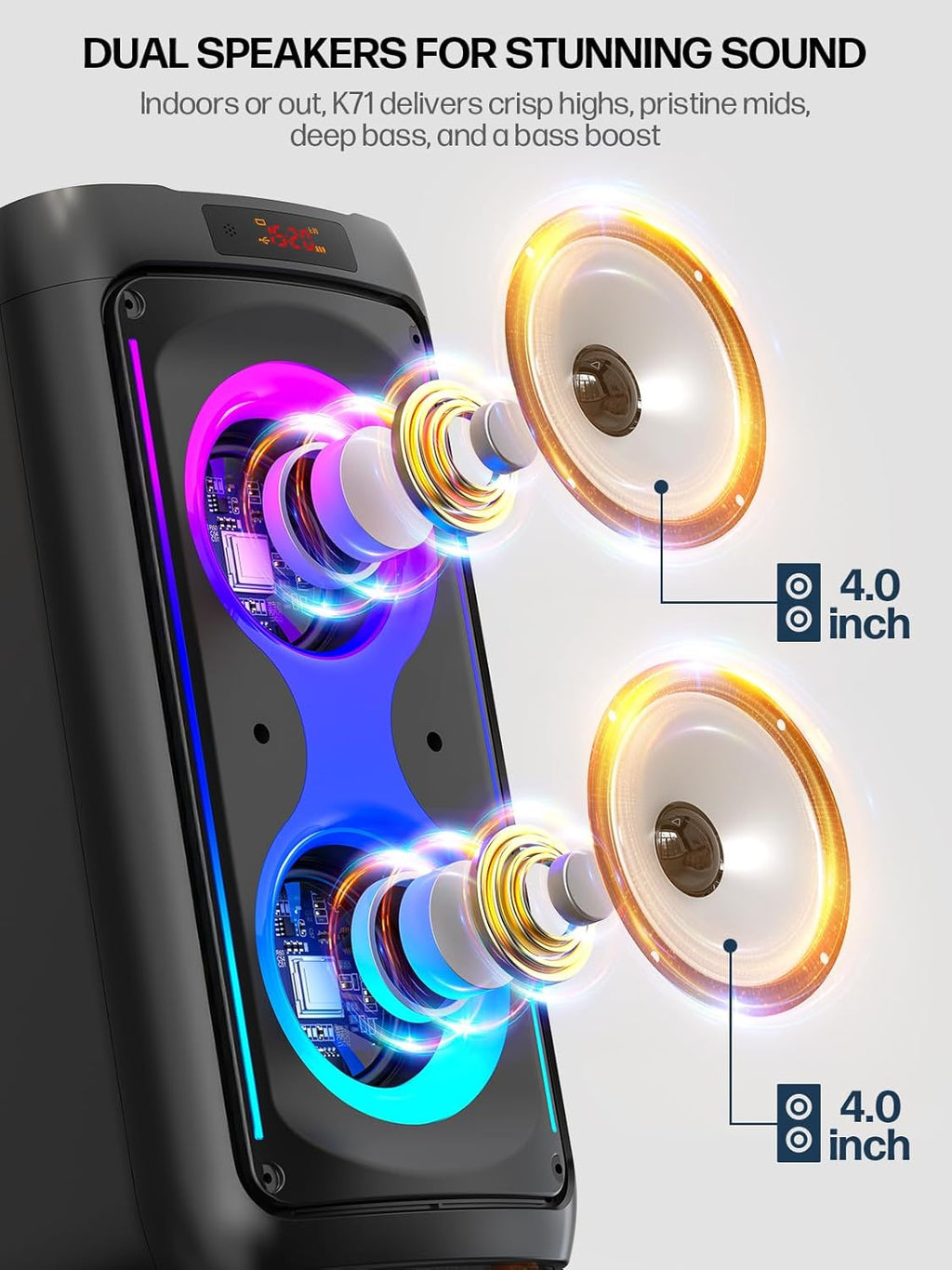 Machine karaoké portable 60 W haut-parleur Bluetooth 5.3 avec 2 microphones sans fil lumières disco USB TF AUX noir