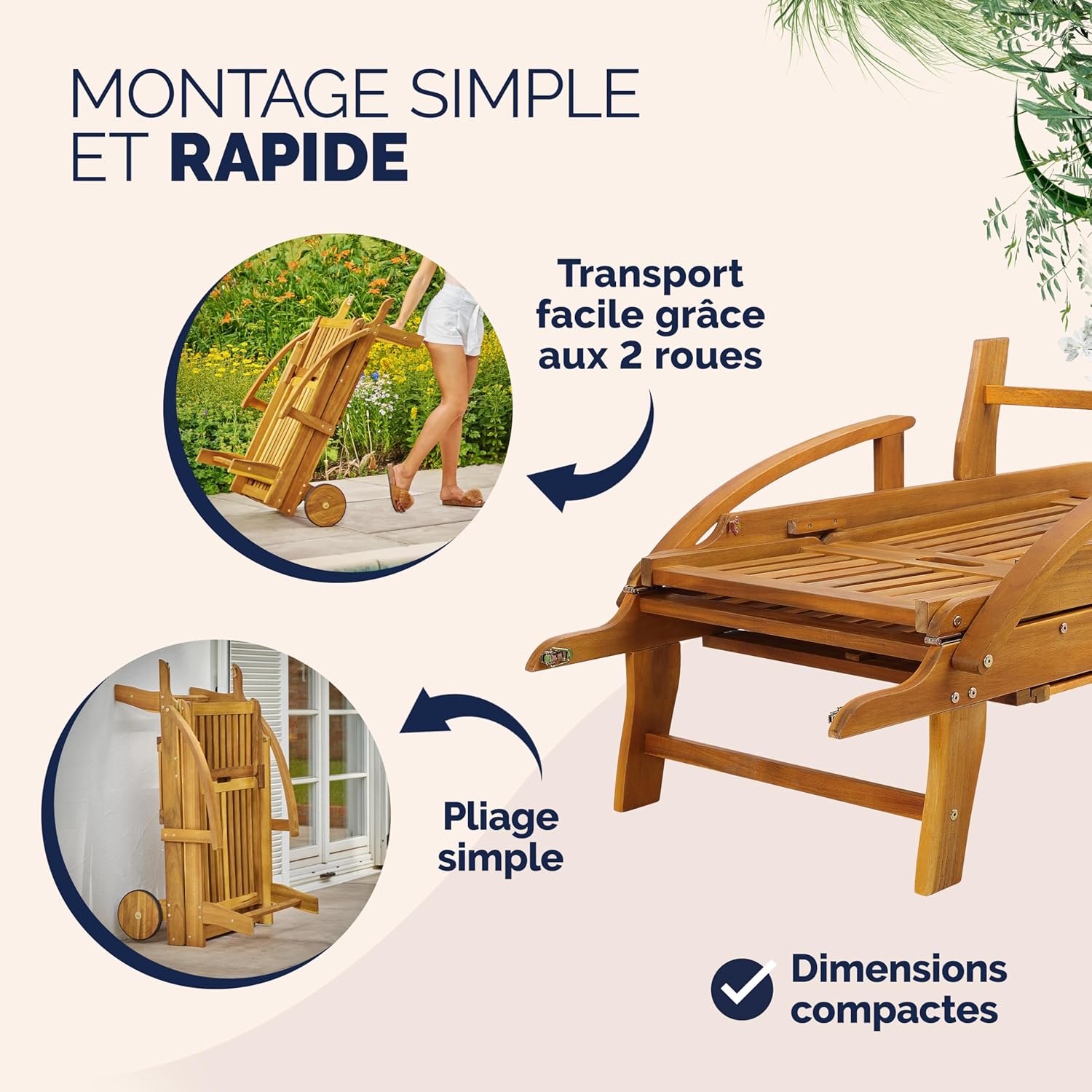Chaises longues jardin Tami Sun bois acacia pliantes roues type transat bain de soleil