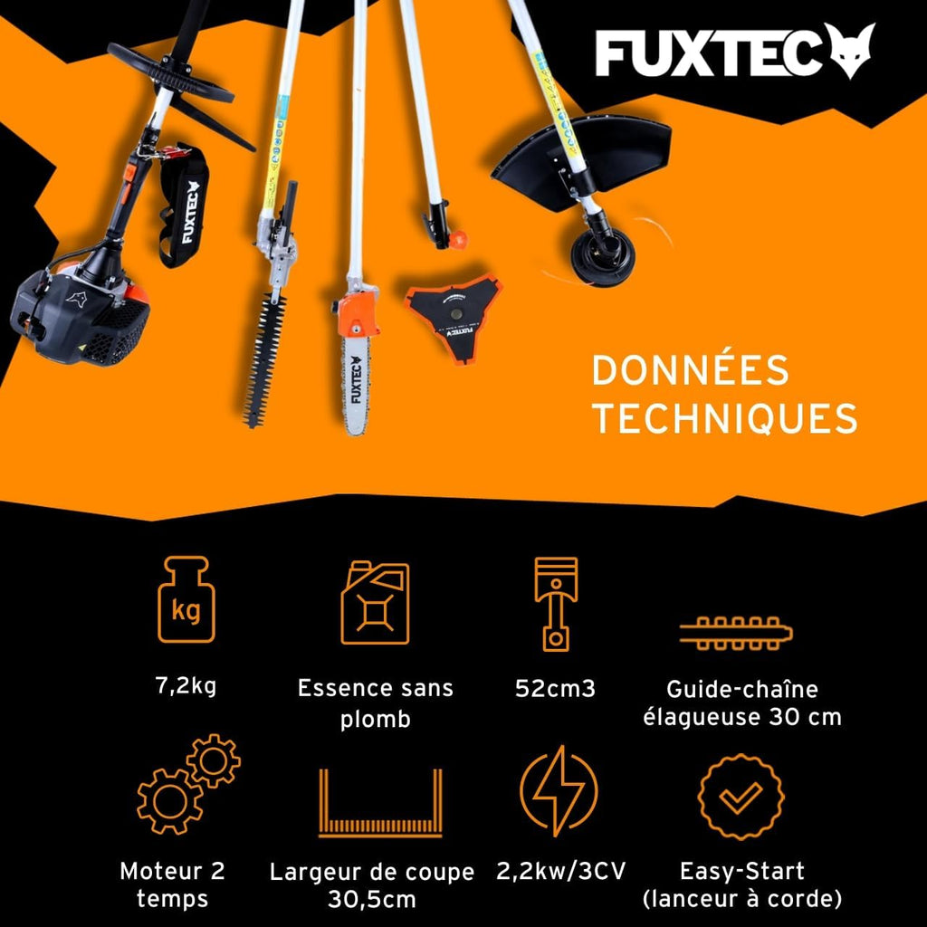 Débroussailleuse thermique multifonction FX-MT152E 5 en 1 moteur 2 temps 52 cm³ 3 CV coupe 32 cm rallonge 1 m noir