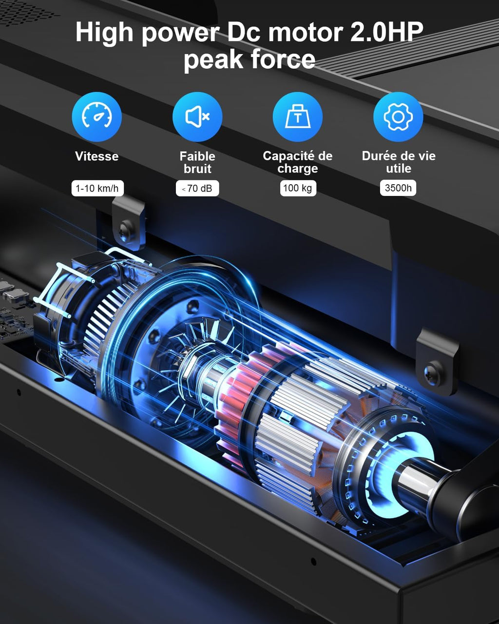 Tapis de course pliable LF-X2DC vitesse 1 à 10 km h moteur 2,0 CV charge 100 kg écran LED