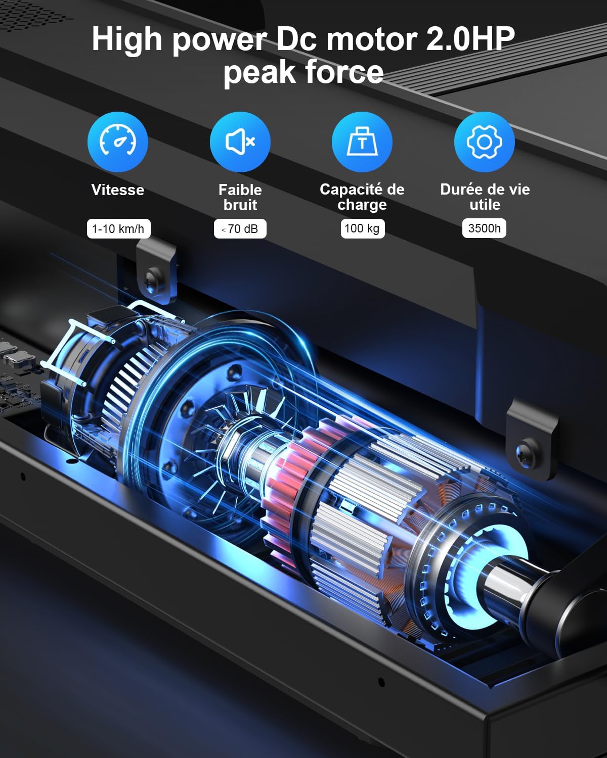 Tapis de course pliable LF-X2DC vitesse 1 à 10 km h moteur 2,0 CV charge 100 kg écran LED