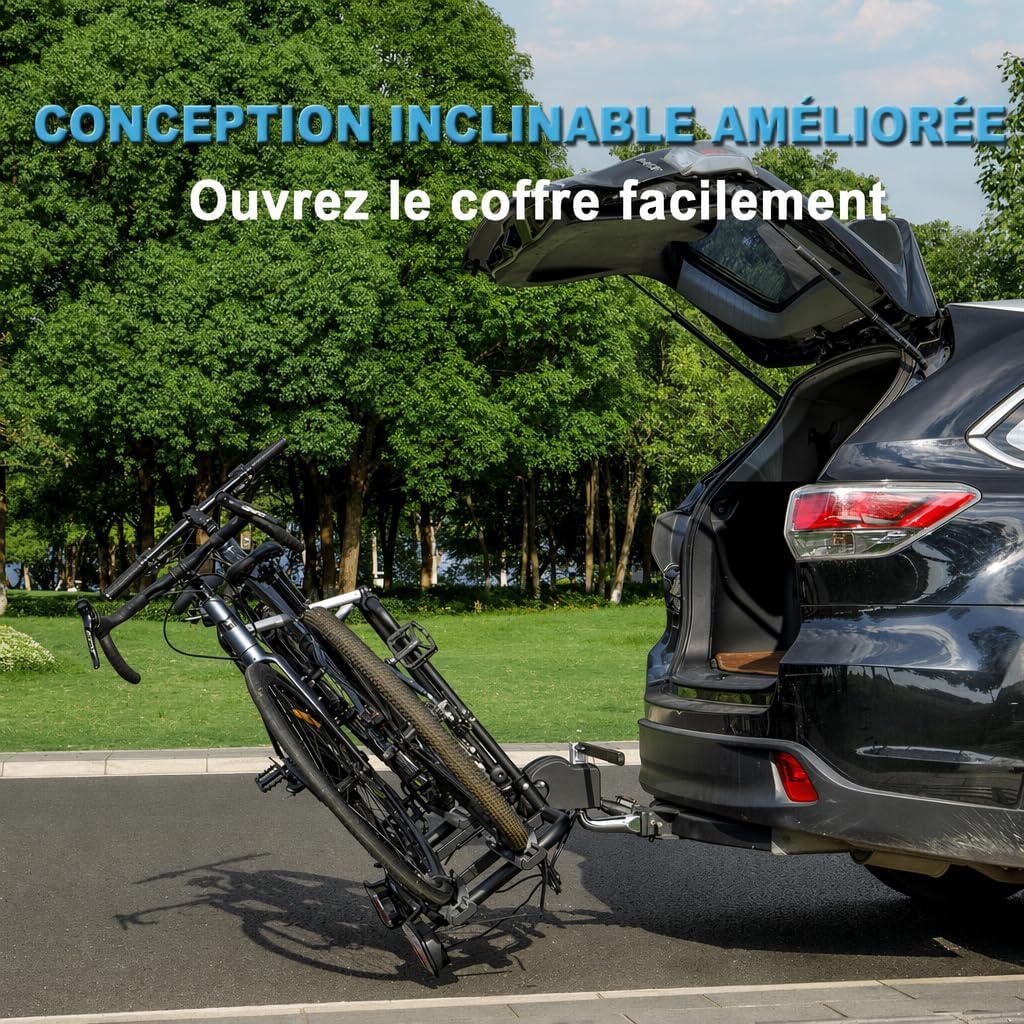 Porte-vélos attelage voiture 2 vélos charge 60 kg pliable avec feu arrière support plaque d'immatriculation noir