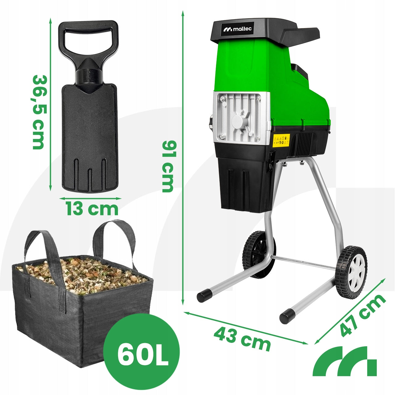 Rozdrabniacz do gałęzi elektryczny MasterShred3500W frezowy walcowy 3500W średnica cięcia 44mm samozasysający z torbą 60L