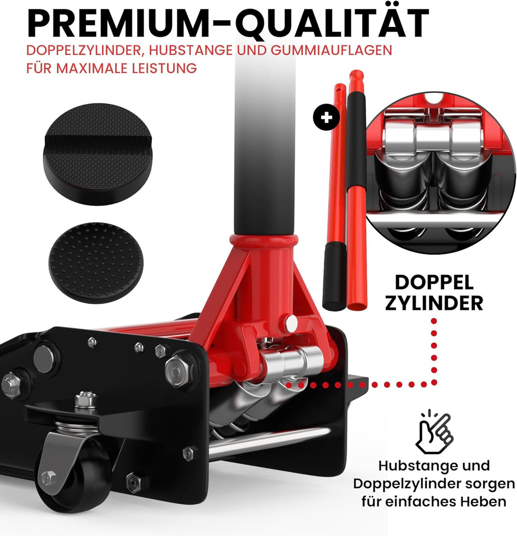 Cric hydraulique 3T GTWH3000 hauteur 75 à 505 mm charge 3000 kg 2 patins caoutchouc roulettes 360 degrés rouge