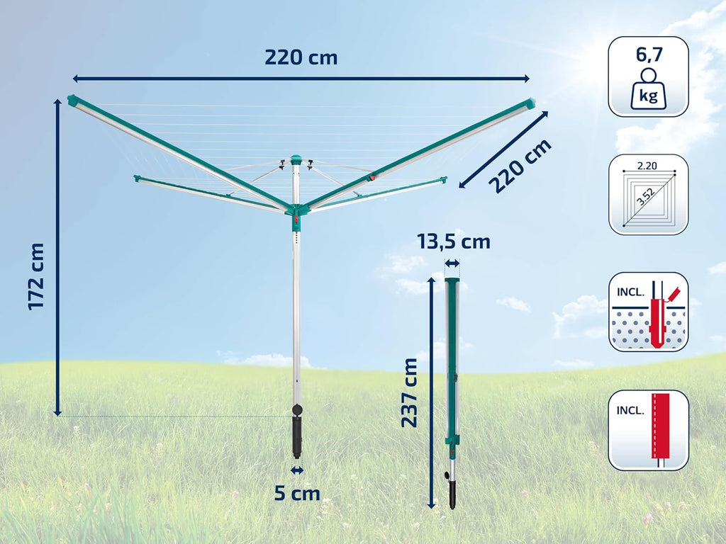 Séchoir parapluie Linomatic 600 Deluxe Cover 60 m étendoir rotatif aluminium Easy-Lift douille fixation housse gris vert