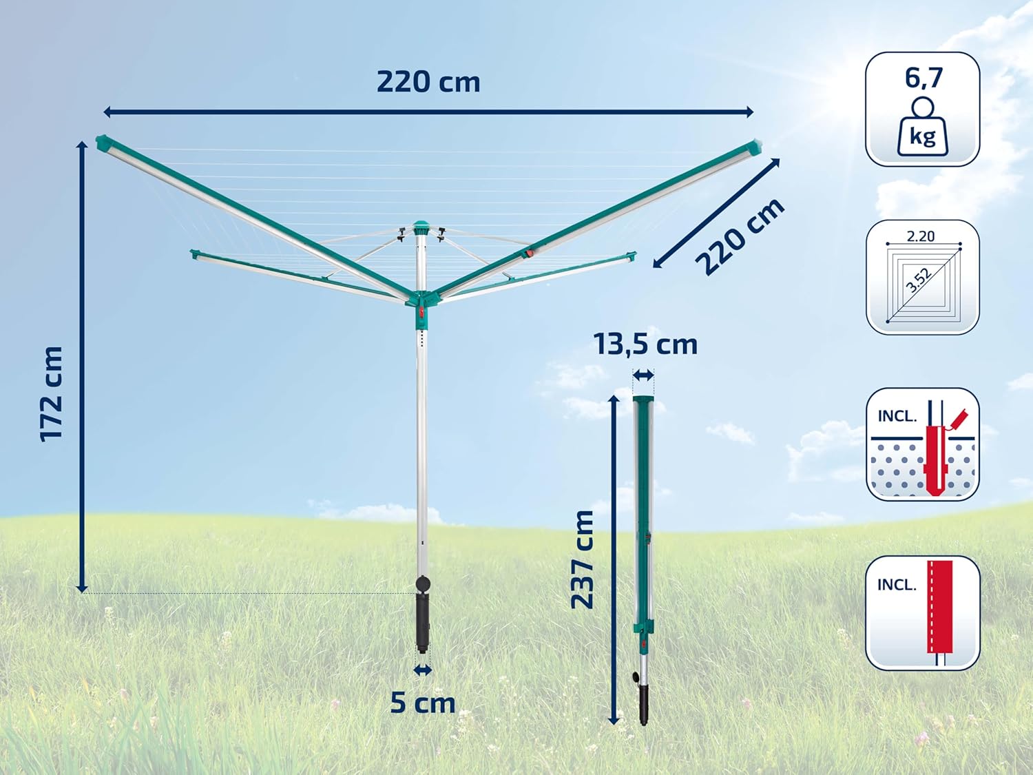 Séchoir parapluie Linomatic 600 Deluxe Cover 60 m étendoir rotatif aluminium Easy-Lift douille fixation housse gris vert