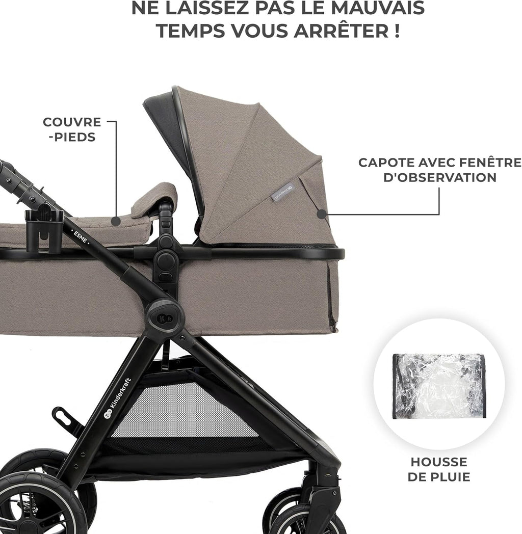 Poussette 3 en 1 ESME travel system siège auto MINK PRO i-Size 40 à 75 cm pliable tout-terrain harnais 5 points beige