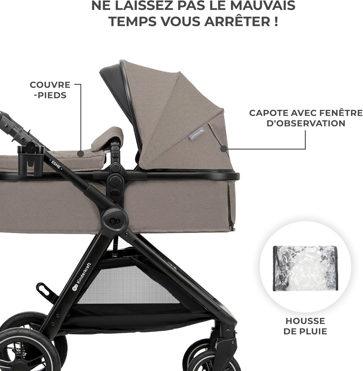 Poussette 3 en 1 ESME travel system siège auto MINK PRO i-Size 40 à 75 cm pliable tout-terrain harnais 5 points beige