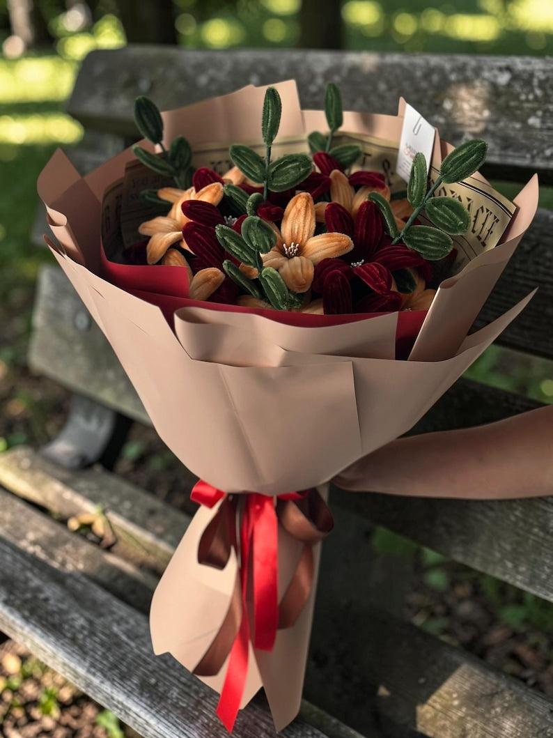 Bukiet z lilii chenille – miękkie kwiaty z drucików kreatywnych, dekoracja kwiatowa, 40 cm
